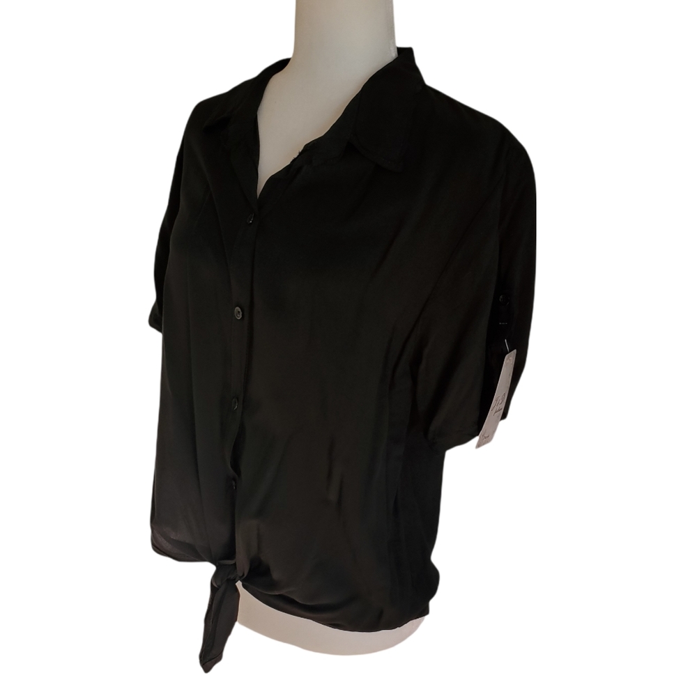 Black Tie Front Blouse Short Sleeve Medium